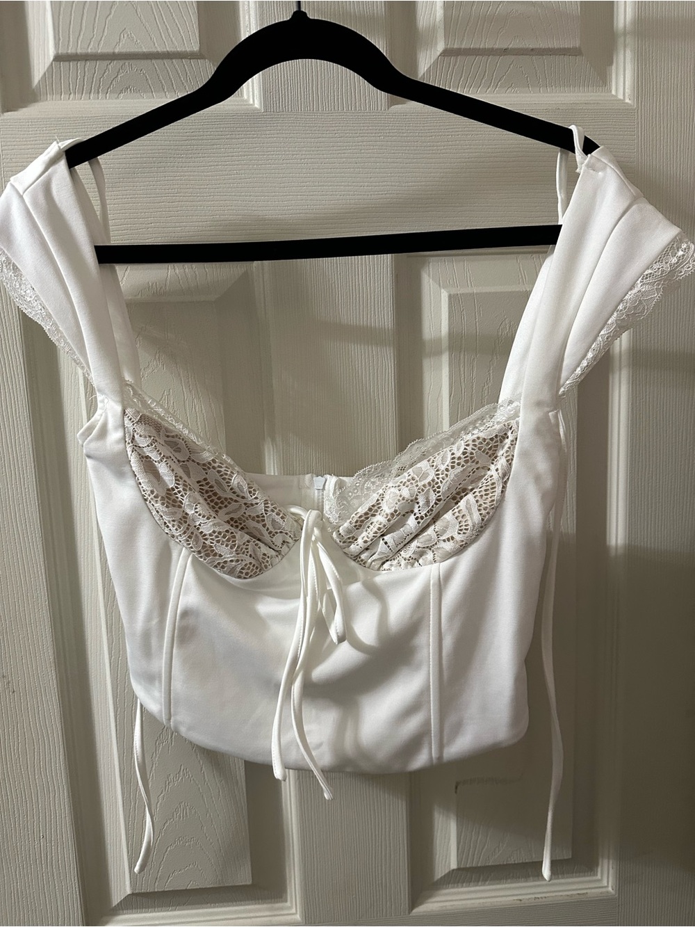 White Lace-Accent Bustier Top with Tie Front